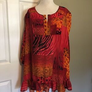 Peter Nygard Red and Orange Mixed Animal Print Boxy Tunic with Ruffled Hem